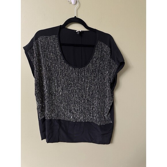 Eileen Fisher Black Beaded Rivulet on Silk Crepe de Chine Top Women's Medium - Picture 1 of 9